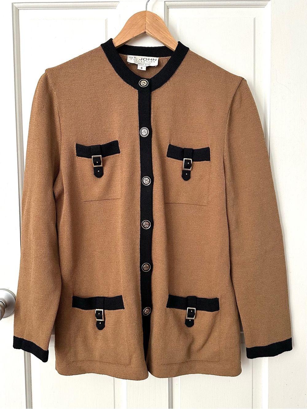 ST. JOHN by Marie Gray Vintage Camel & Black Cardigan Blazer Buckles Size 8